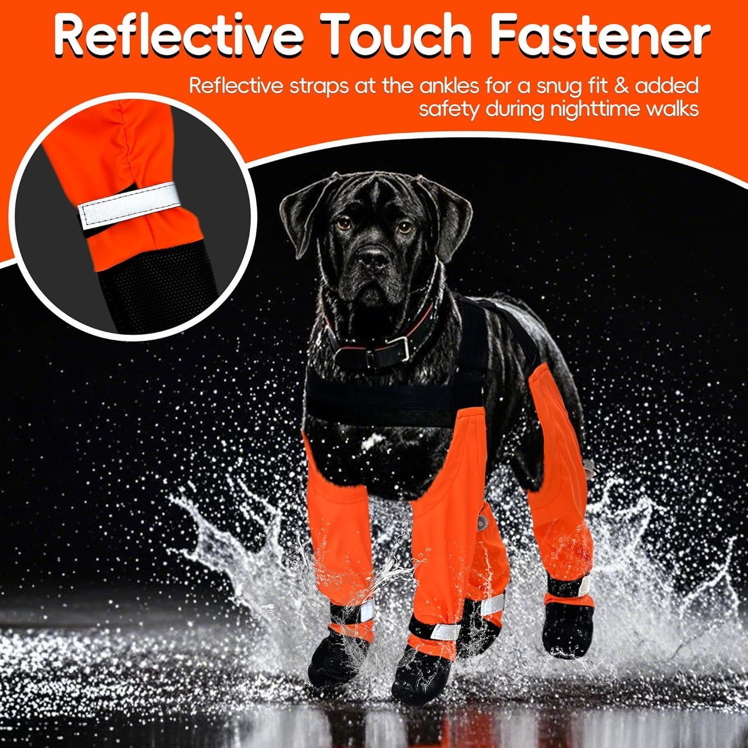 Dog Suspender Boots, Waterproof Tall Dog Rain Booties, Anti-Dirt Pet Legging Boots Paw Protector 4-Legged Shoes, Adjustable Snow Pants with Boot for Medium Large Dogs Outdoor Walking Hiking(S,Orange) - Image 5