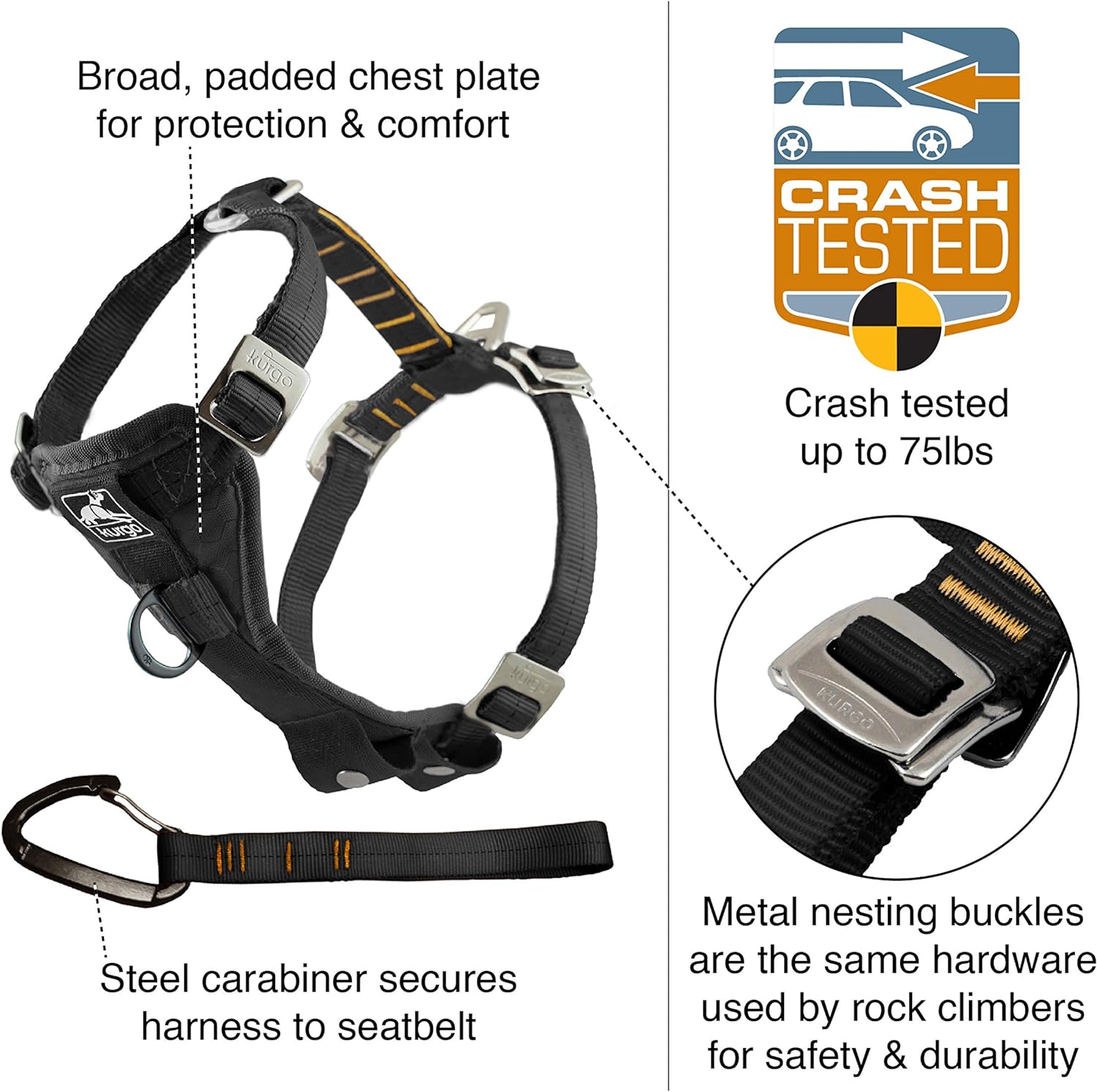 Kurgo Enhanced Strength Tru-Fit Smart Dog Harness, Crash Tested Car Safety Harness for Dogs, No Pull Dog Harness, Includes Pet Safety Seat Belt Tether - Black, X-Small - Image 2