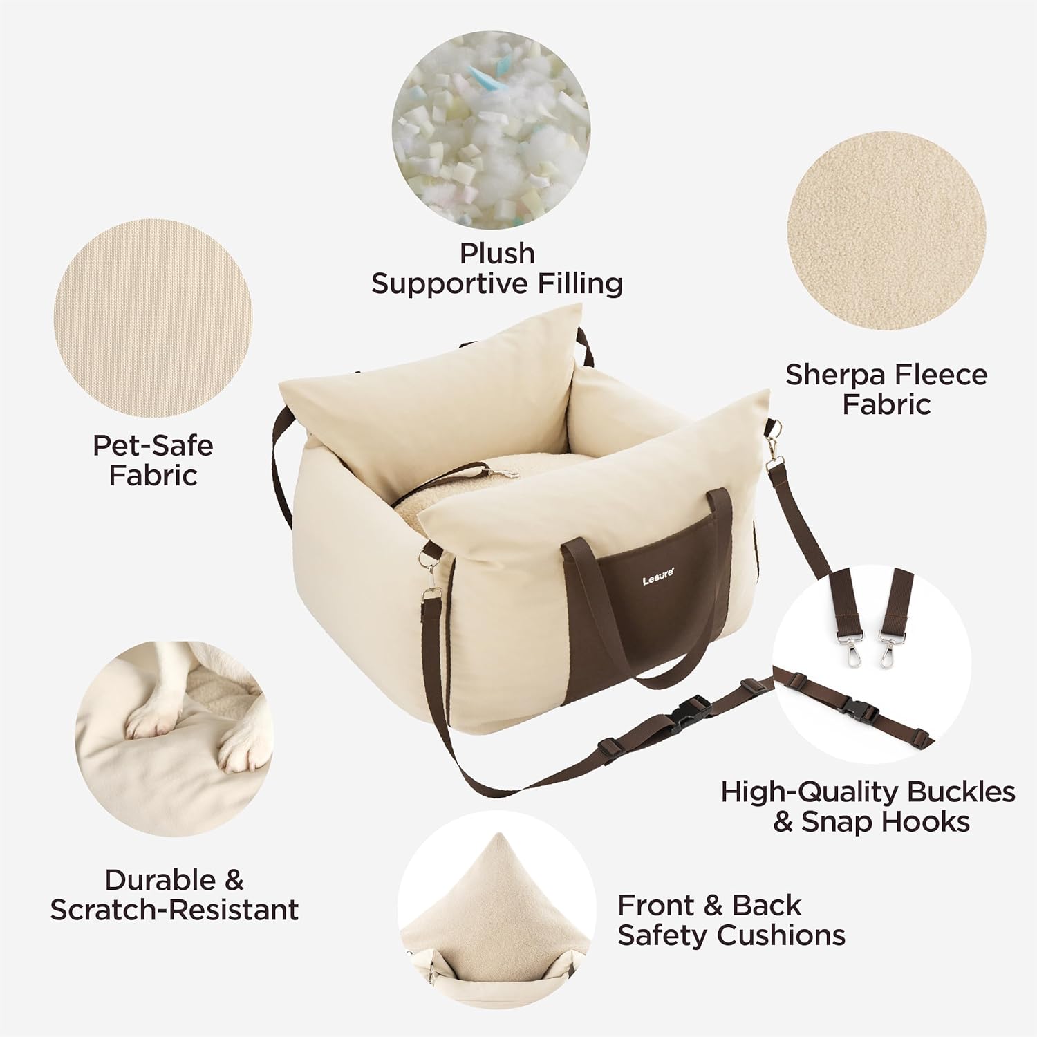 Lesure Small Dog Car Seat for Small Dogs - Dog Booster Seat for Car with Waterproof Bottom, Clip-On Safety Leash and Thickened Memory Foam Filling, Pet Carseat Puppy Travel Carrier Bed, Beige - Image 4