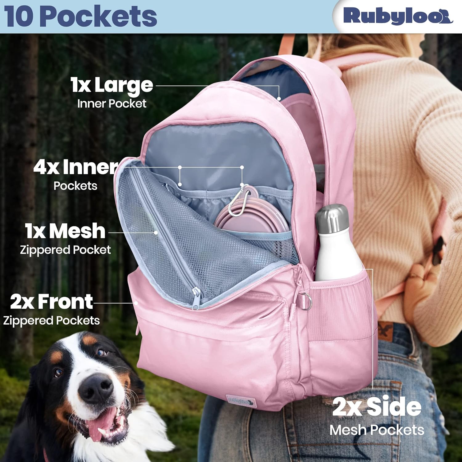 Dog Travel Bag for Supplies - Complete Dog Diaper Bag Backpack with 2 BPA-Free Travel Bowls, Treat Pouch, Food Container, Placemat & Laptop Sleeve – for Traveling, Road Trips, Hiking - Dusty Pink - Image 2