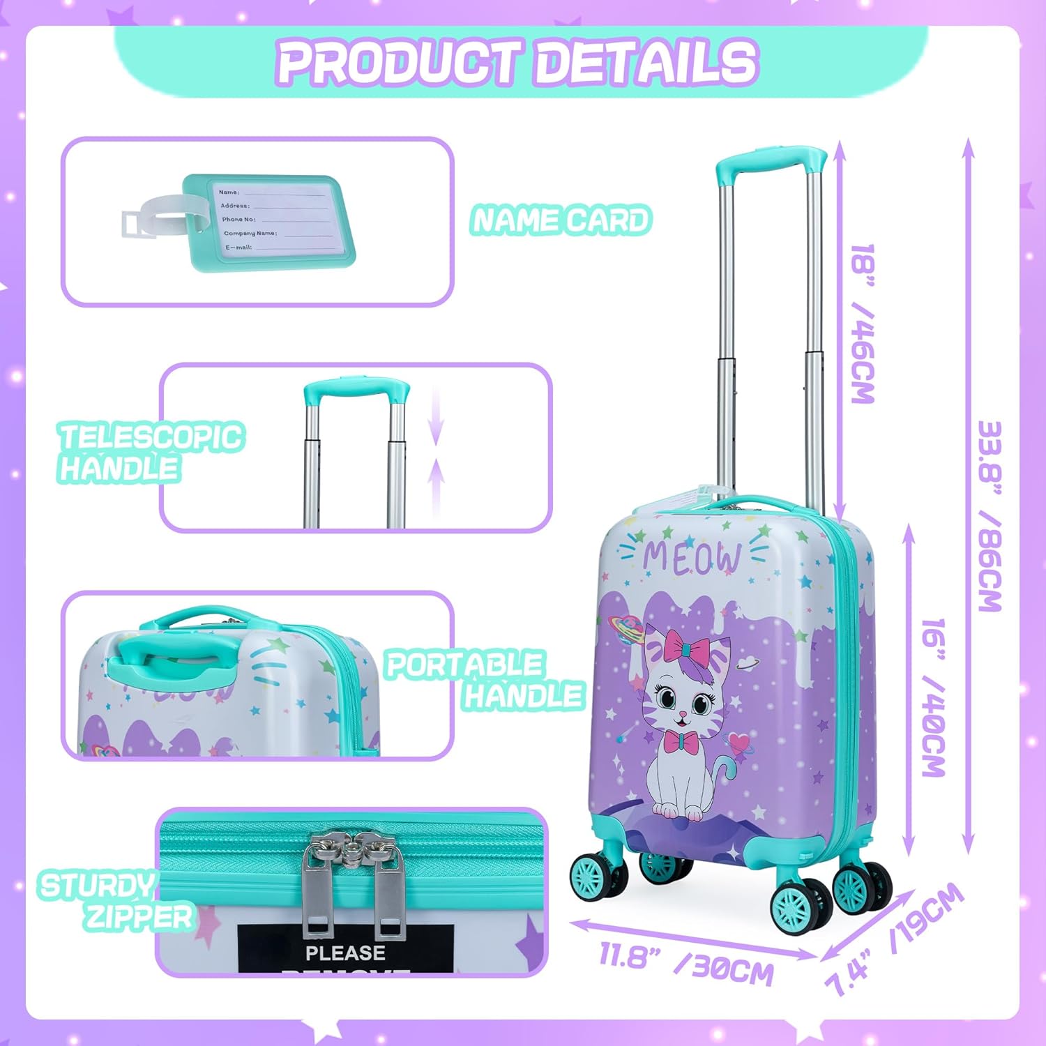 Cute Cat Kid’s Luggage Set 5 Piece Suitcase Set 16’’ Hardside Luggage with Spinner Wheels Girls Boys Carry on Toddler Luggage Travel Rolling Luggage Carry on Luggage Airline Approved - Image 2