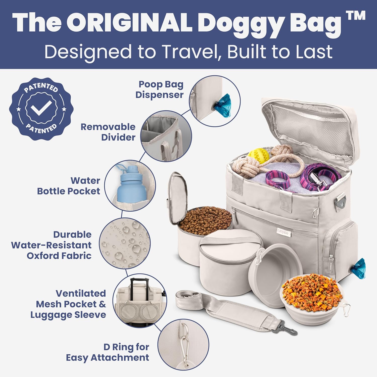 The Original Doggy Bag™ - Complete Dog Travel Bowl Bag for Supplies with 2 BPA-Free Travel Dog Bowls & 2 Food Containers - Traveling Kit for Road Trips, Camping, Weekend Away or Doggy Gift - Beige - Image 2
