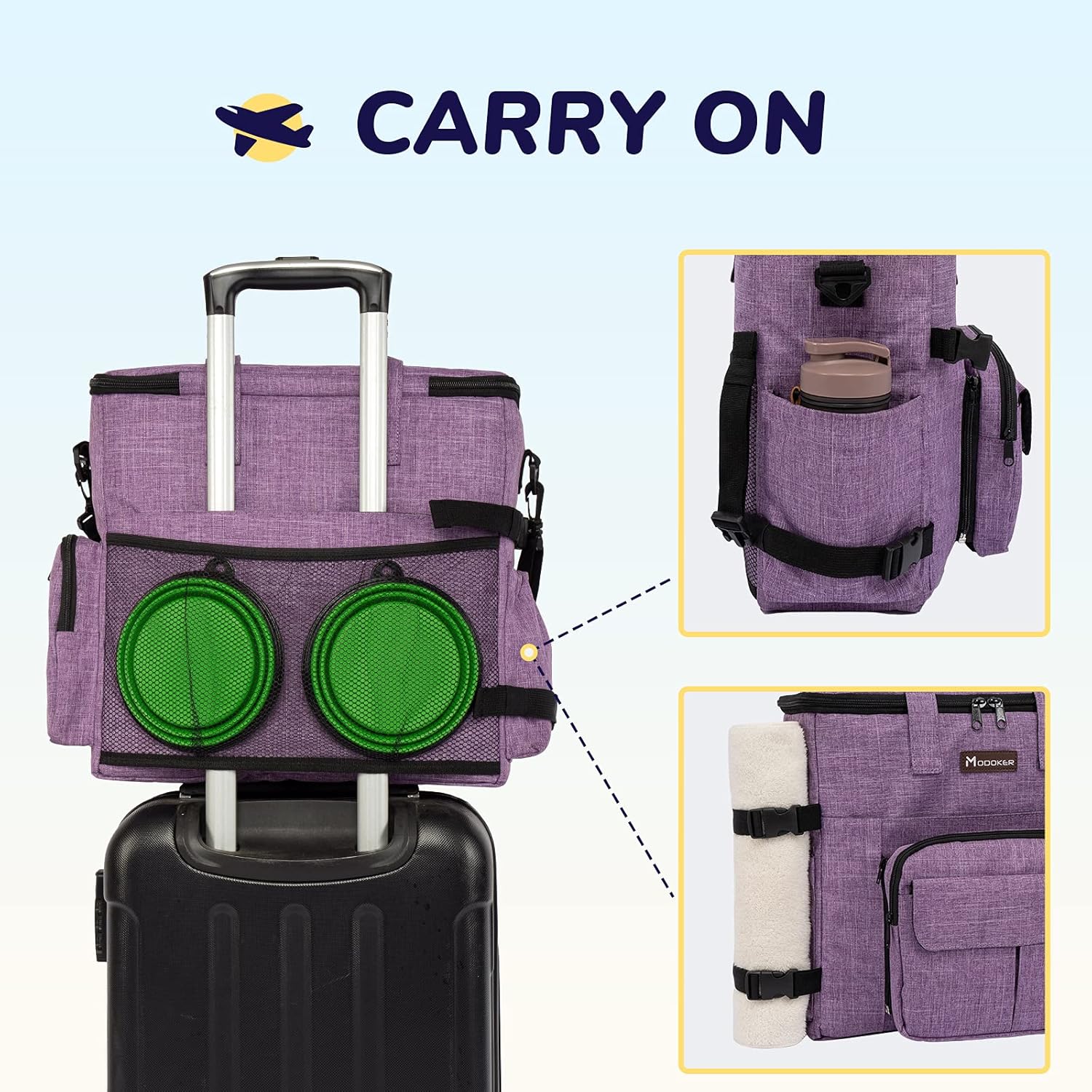 Modoker Dog Travel Organizer Carriers for Supplies & Accessories, Airline Approved Cat Pet Travel Bag, 2 Collapsible Bowls, 2 Travel Dog Food Container, Purple - Image 5