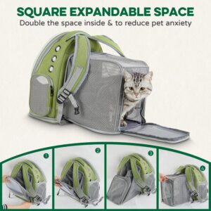 Cat Backpack Carrier, Bubble Expandable Cat Carrier for Cats or Small Dogs up to 15lbs, Airline-Approved, Large Space & Breathable Pet Backpack for Traveling, Hiking(Square Expandable, Green)