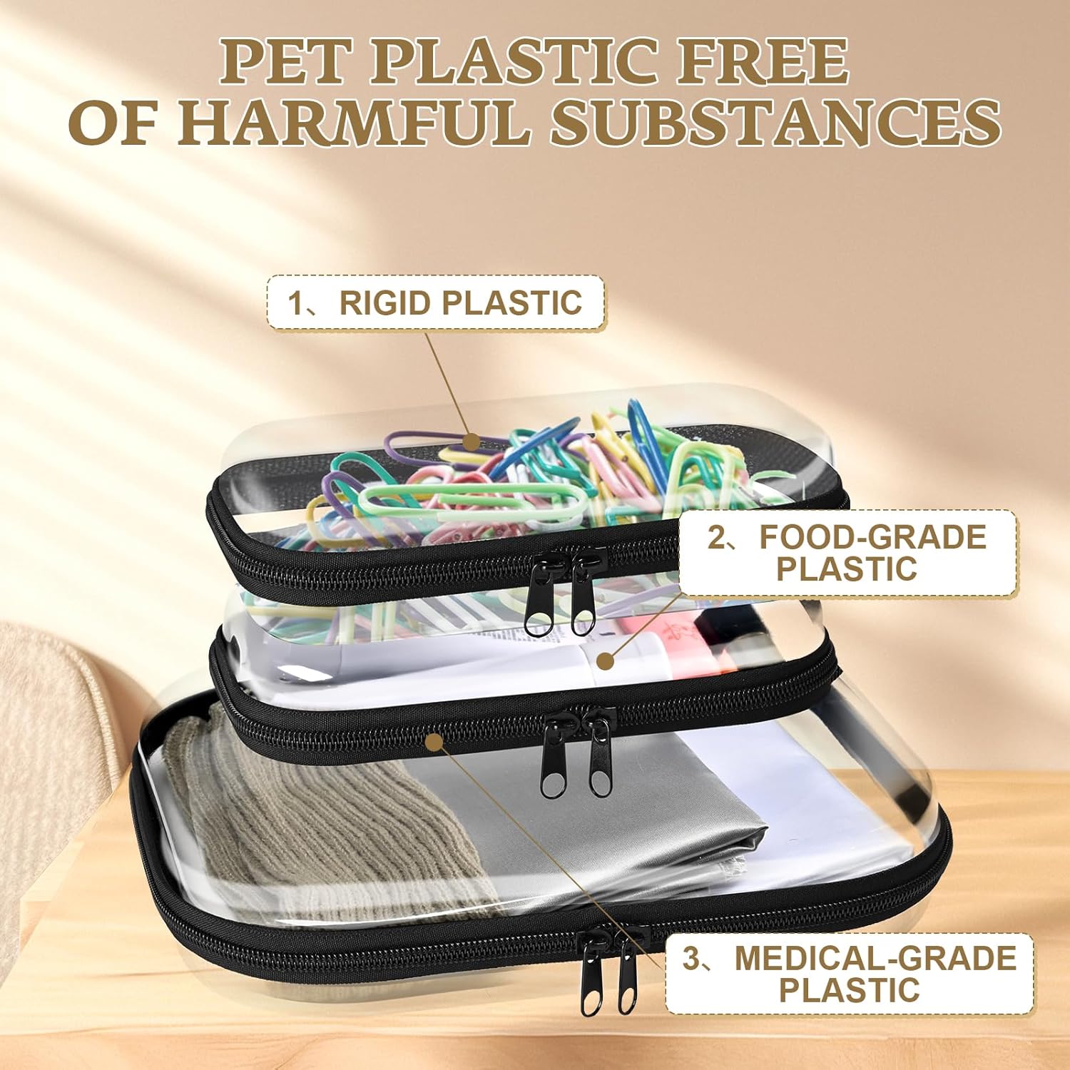 Clear Hard Shell Zipper Case 3 Pack, Hard Plastic Bag, Clear Travel Toiletry Pouch,Portable Cosmetic Bag with Zipper,Toy Storage Bins, Pencil Storage Organizer, Office Supplies Storage Case - Image 3