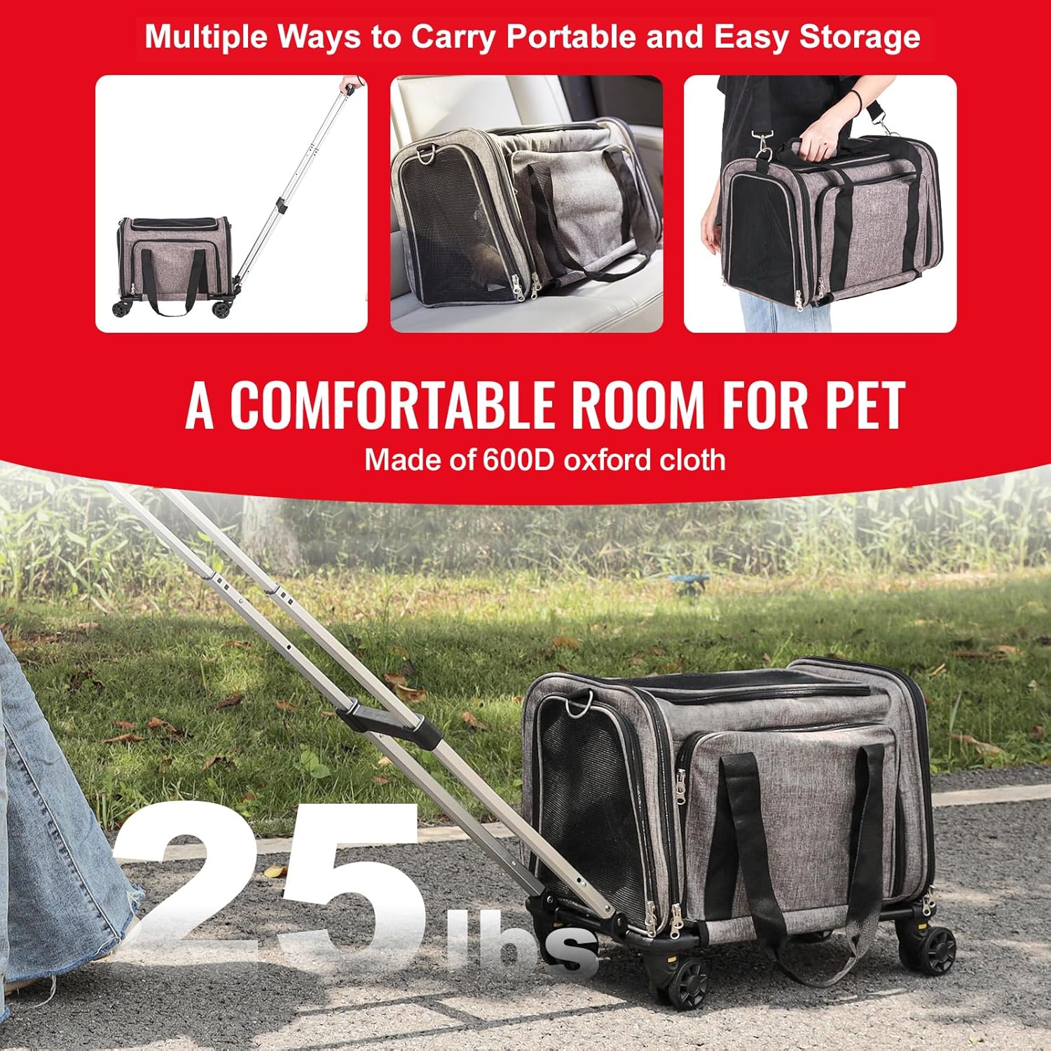 Happybuy Cat Carrier with Wheels, Airline Approved, Rolling Pet Carrier with Telescopic Handle, Shoulder Strap & Folding Bowl, Holds Pets up to 25 lbs, Grey - Image 5