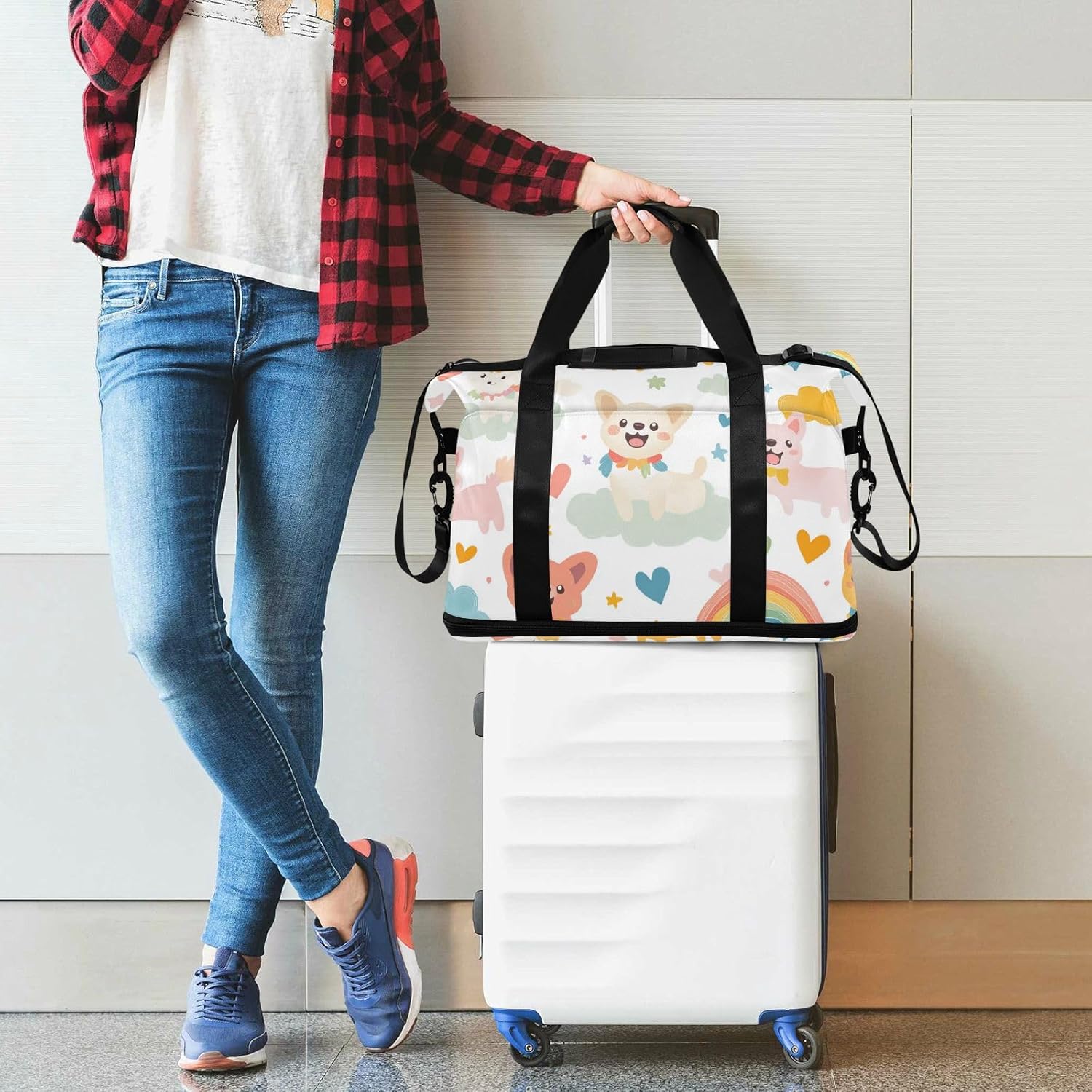 Cartoon Cute Colorful Dog Rainbow Sports Tote Gym Bag Travel Weekender Gear Bag with Adjustable Strap for Yoga Waterproof - Image 7