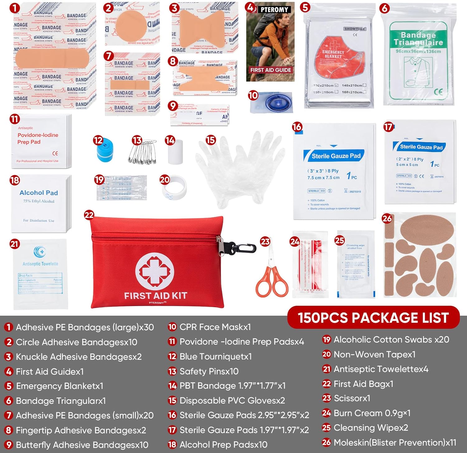 PTEROMY 150 Piece Mini First Aid Kit, Portable Small Emergency Kits Compact 1st Aid Kit for Car, Travel, Home, Camping, Outdoor, Hiking - Image 3