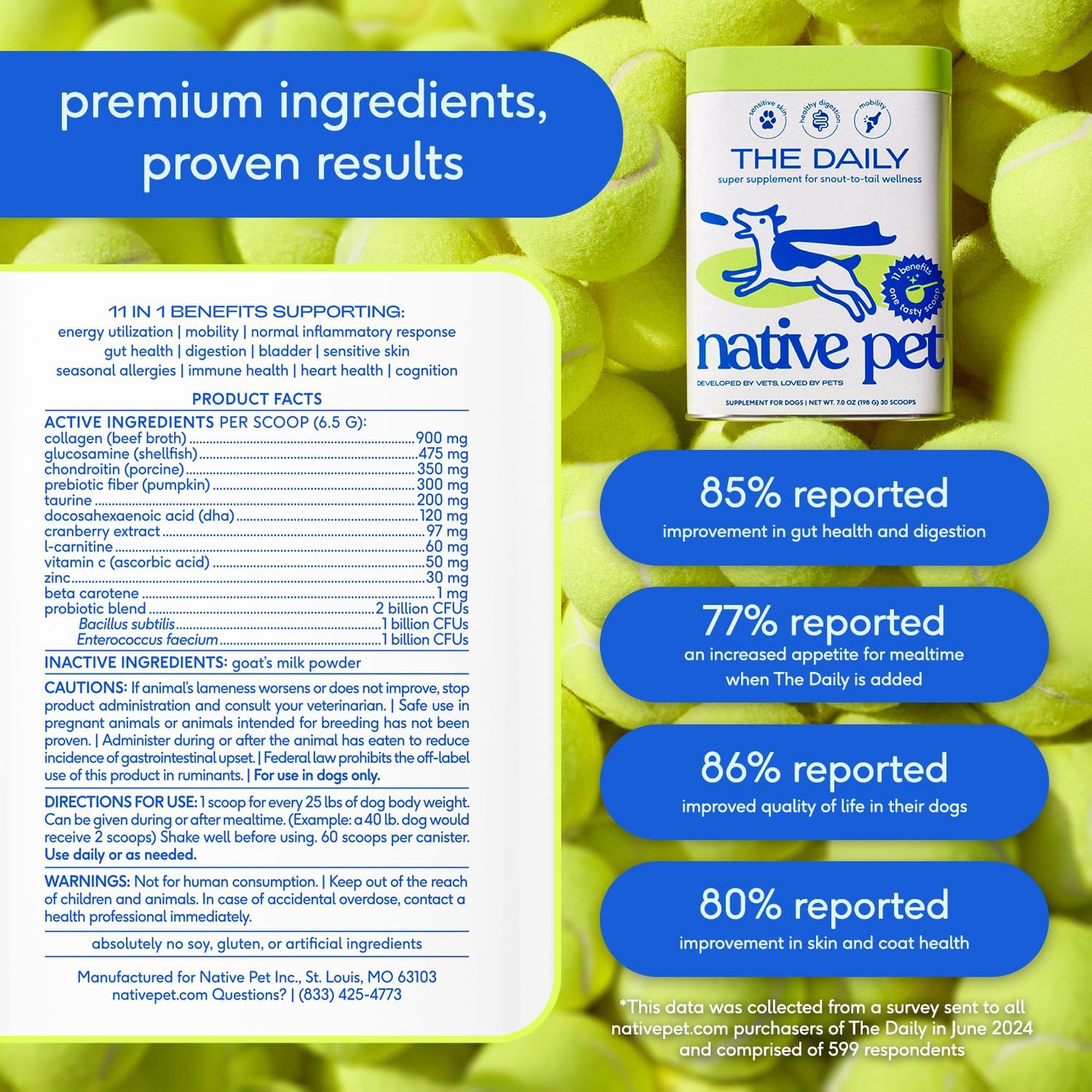 Native Pet Dog Vitamins & Supplements - 11-in-1 Multivitamin Powder for Dogs Food Topper - Collagen, Glucosamine, Probiotics, Omega & More- Supports Healthy Gut, Mobility & Overall Health -30 Scoops - Image 6