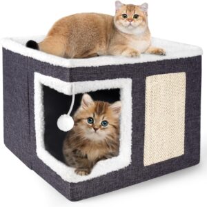 Cat Houses for Indoor Cats - Large Cat Bed Cave with Scratch Pad and Fluffy Ball, Foldable Cat Condo Hideaway with Reversible Cushion for Multi Small Pet, Dark Grey