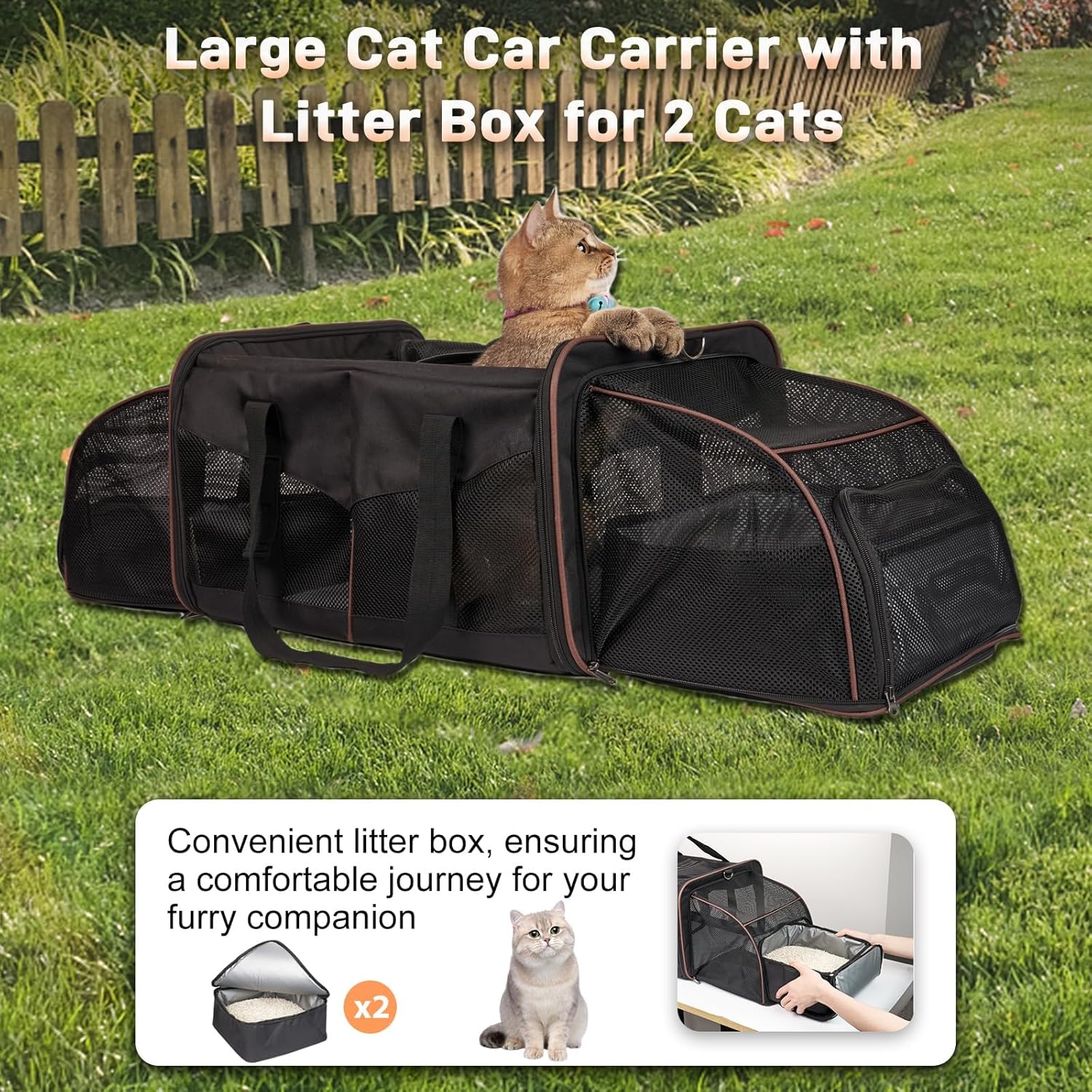Cat Travel Carrier with Litter Box, Expandable Cat Carrier for 2 Cats for Car Travel, Soft Sided Pet Carrier for Cats and Dogs up to 30lbs, Black - Image 8