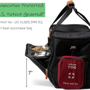 Unique Dog Travel Bag – Dog Traveling Luggage Set for Dogs Accessories – Include Pet First Aid Bag with Case Tags, Elevated Bowl Stand, 2X Food Storage Containers, 2X Dog Stainless Steel Bowls.