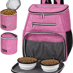 BAGLHER丨Dog Travel Bag Backpack, Airline Approved Pet Supplies Backpack, Dog Travel Backpack with 2 Silicone Collapsible Bowls and 2 Food Baskets Pink