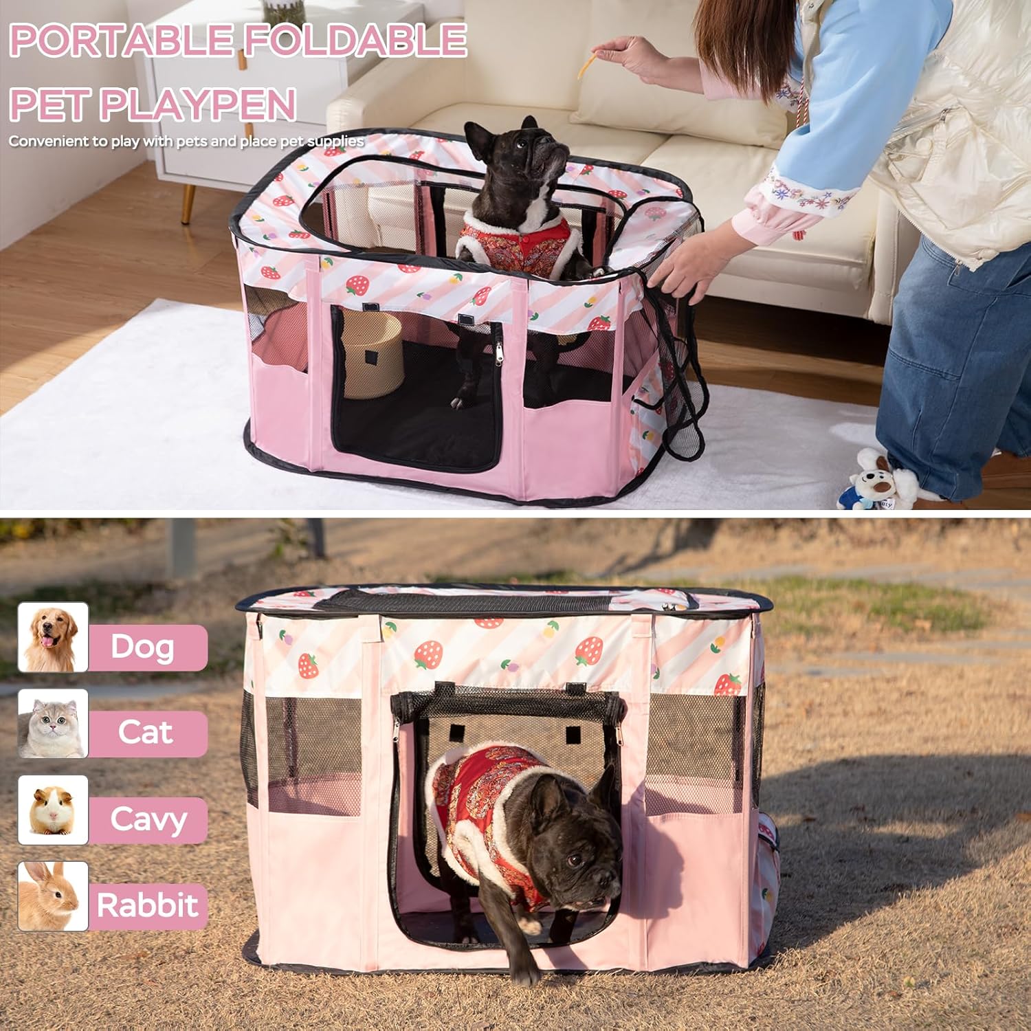 Portable Pet Cat Playpen,Cat Cages Indoor Collapsible Dog Crates Tent Kennel Playpen for Dogs Cat and Rabbit Travel Dog Playpen Indoor & Outdoor (Small(27.6" L x 21.7" W x 17.7" H), Pink) - Image 3