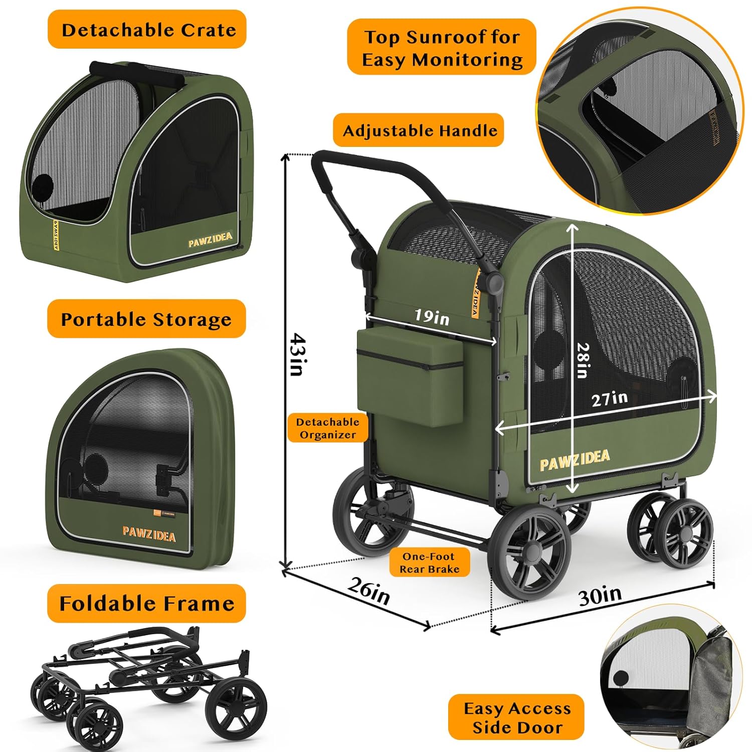 PAWZIDEA Dog Stroller for Large Dogs, Collapsible Pet Stroller with Detachable Carrier, Portable Dog Crate for Car Seat, Adjustable Handle, All-Terrain 9” Wheels, Ideal for Travel & Outdoor Adventures - Image 5