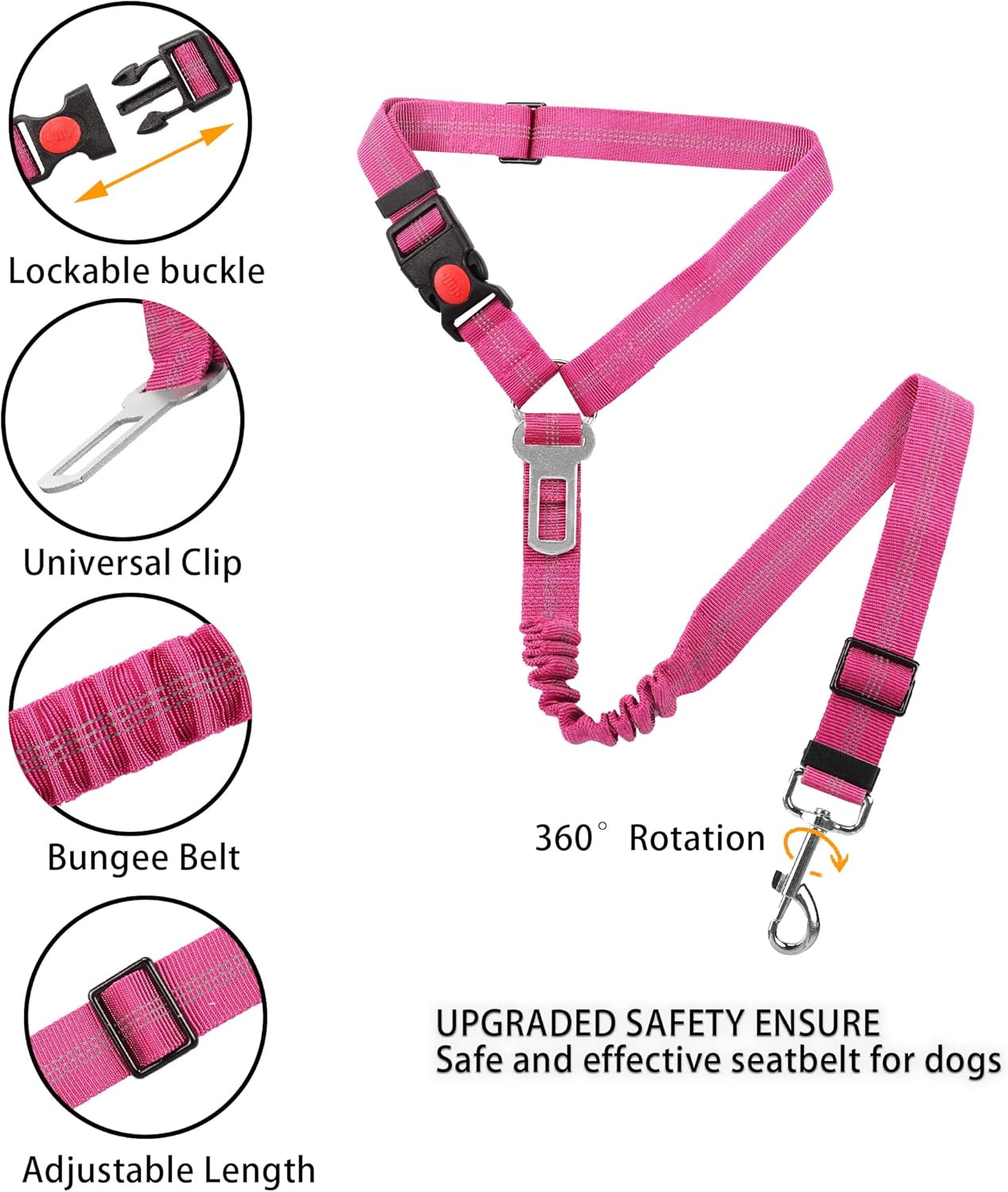 YAOHDAO Dog Seat Belt Harness for Car, Restraint Adjustable with Elastic Bungee Buffer Headrest for Vehicle, 360° Swivel Carabiner Nylon Pet Safety Seat Belts Heavy Duty Car Harness for Dogs Rosy Red - Image 7