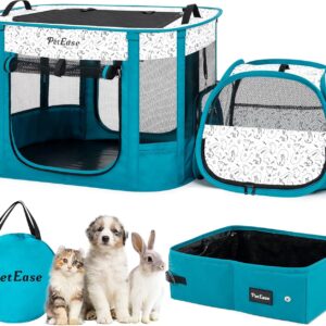 Portable 2-in-1 Dog Crate playpen, Outdoor Cat Playpen with Litter Box Area for Indoor Cats Enclosed Rabbit Puppy Hamster Indoor/Outdoor Cats Enclosure Cages Tent (Peacock Blue)