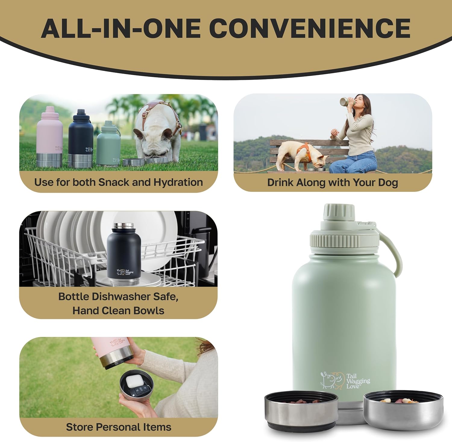 32oz 3-in-1 Portable Travel Water Bottle, Food & Hydration Bottle - Dual Use for Humans & Pets with Detachable Bowls, Stainless Steel, Keeps Water Hot for 6hrs & Cold for 12hrs - Image 4