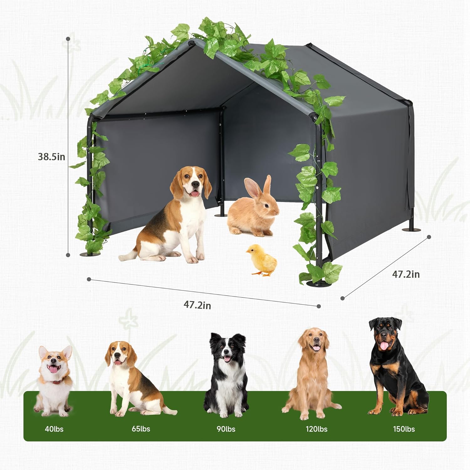 4'x 4'x 3.3' Large Dog Shade Shelter Outdoor Tent Dog House for Large Medium Dogs, Outside Sun Rain Canopy Pet House for Cats Pigs Livestock with Rainproof Cover Artificial Grapevine Leaves - Image 2