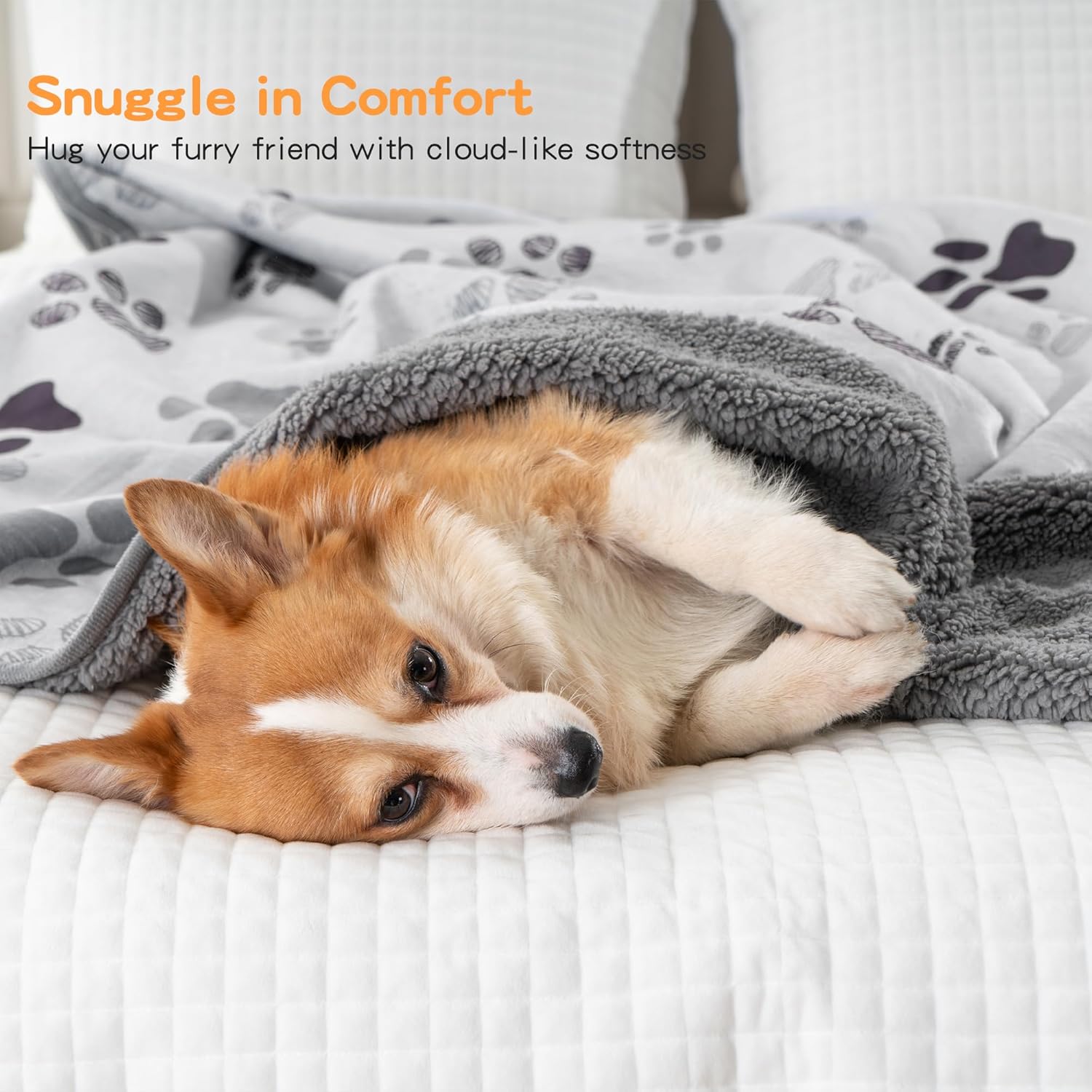 Waterproof Dog Blankets Pet Blanket 50"x60", Soft Fluffy Sofa Car Bed Protector, Reversible Sherpa Fleece Dog Blanket for Large Dogs (Light Grey-Paws) - Image 4