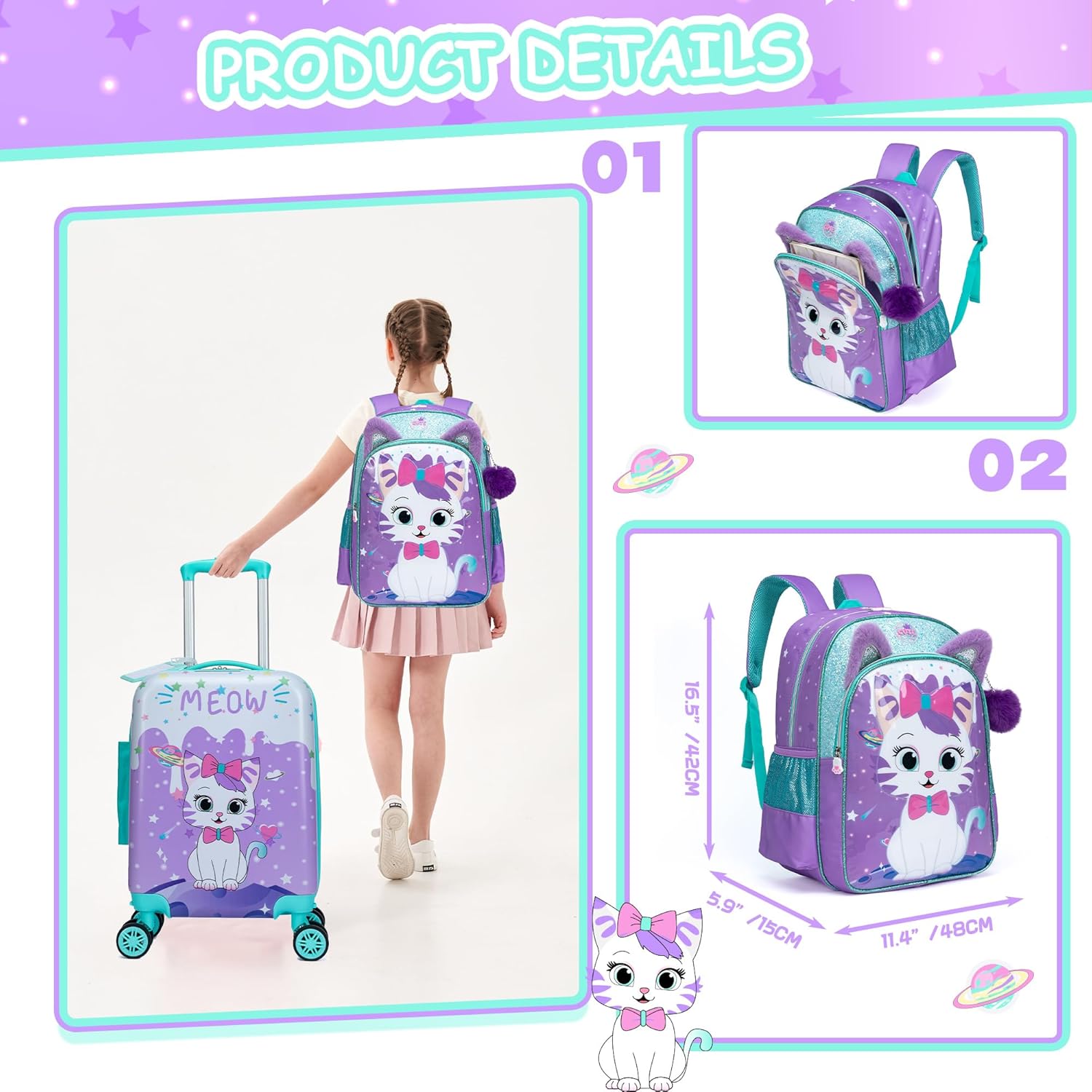 Cute Cat Kid’s Luggage Set 5 Piece Suitcase Set 16’’ Hardside Luggage with Spinner Wheels Girls Boys Carry on Toddler Luggage Travel Rolling Luggage Carry on Luggage Airline Approved - Image 5