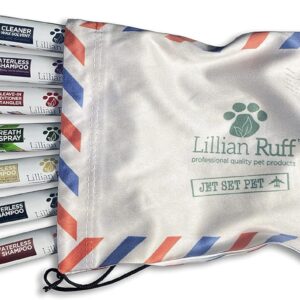 Lillian Ruff Travel Kit for Dogs | Dog Grooming Spray for Airline Travel, Dog Camping, Dog Beach | Deodorizing Waterless Dog Shampoo x4, Dog Breath Freshener, Dog Detangler Spray, Dog Ear Cleaner