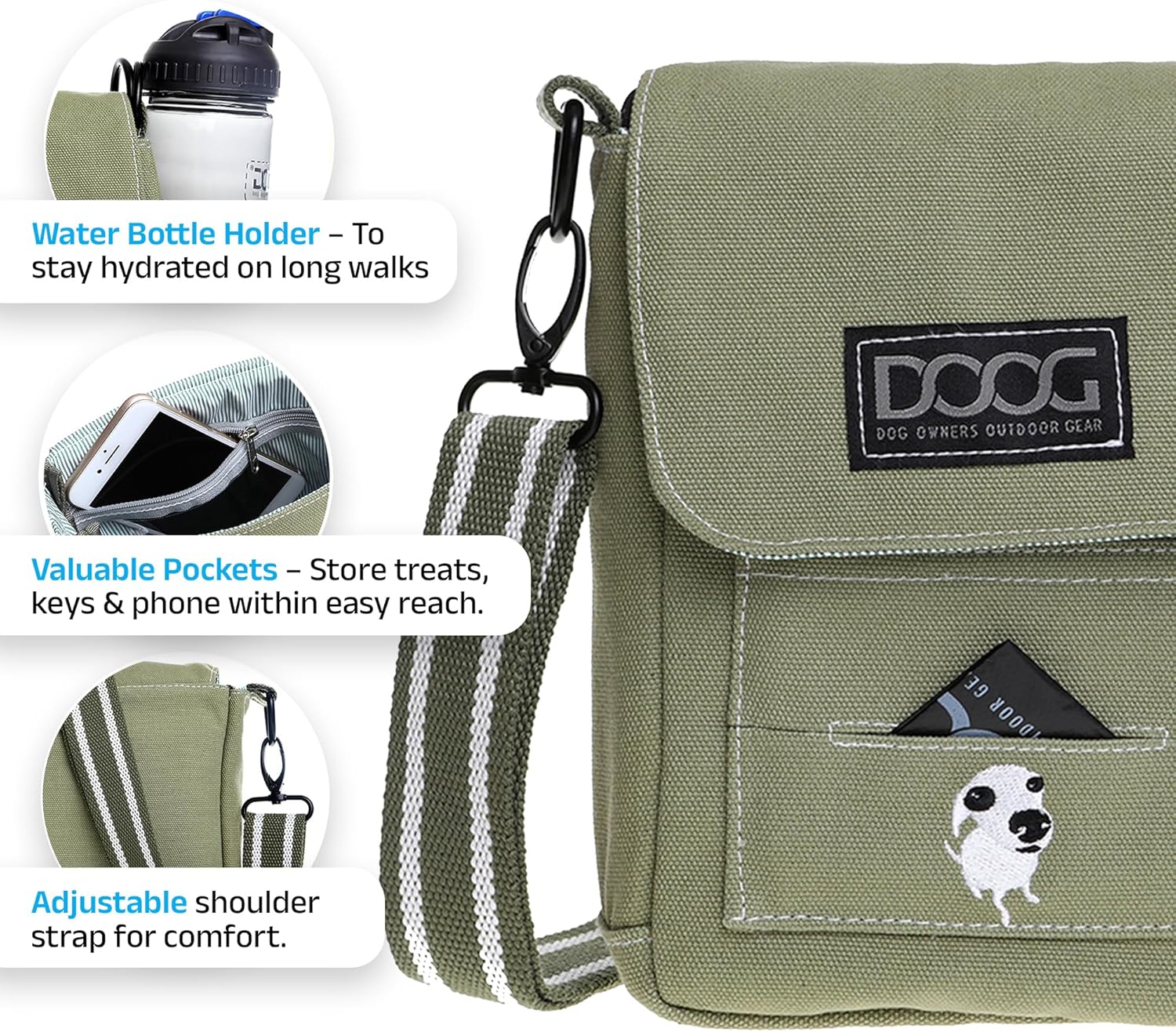 DOOG Walkie Bag - Adjustable Dog Treat Pouch Shoulder Bag with Poo Bag & Water Bottle Compartments - Comfort Fit for Everyday Use - Green - Image 5