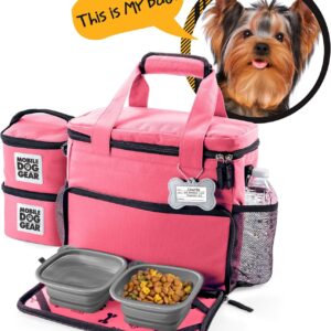 Mobile Dog Gear, Week Away Dog Travel Bag for Small Dogs, Includes Lined Food Carriers and 2 Collapsible Dog Bowl, Pink