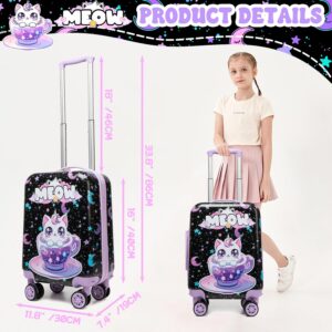 Cute Black Cat Kid’s Luggage Set 2 Piece Suitcase Set 16″ Hardside Luggage with Spinner Wheels Girls Carry on Toddler Travel Rolling Luggage Airline Approved