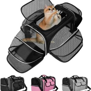 Estarer Soft Sided Pet Carrier Airline Approved, 4 Sides Expandable Collapsible Cat Carrier with Pockets & Removable Fleece Pad, Travel Carrier Bag for Cat Dog & Small Animals (Black)