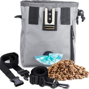 SunGrow Dog Travel Pouch, Training Bag for Treats, Kibbles, Toys & Accessories, Gray, Multiwear and Weather-Proof, 1 Pouch with Adjustable Shoulder Strap and Waist Belt