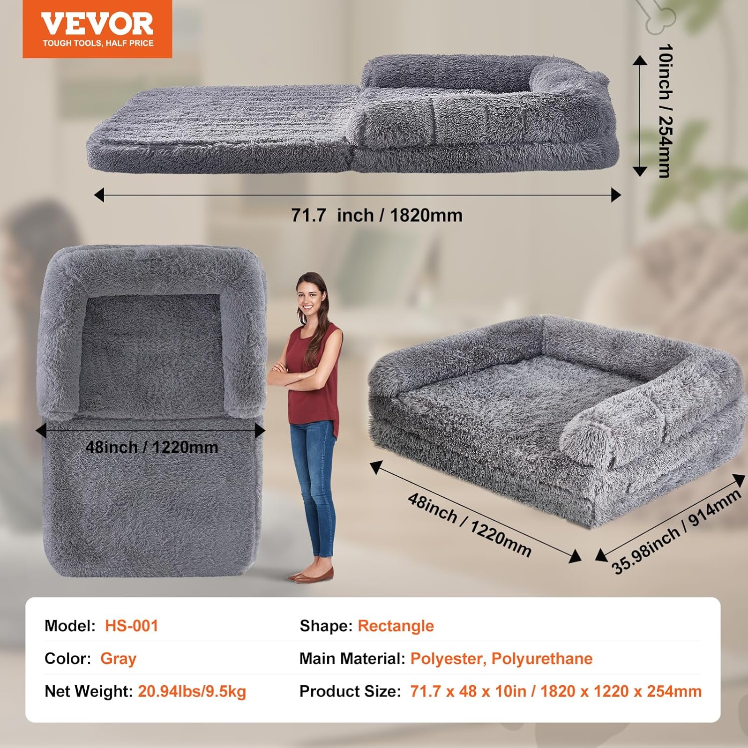 VEVOR Foldable Human Dog Bed, 72"x48"x10" Giant Human Sized Dog Bed with Washable PV Velvet Cover, Egg Orthopedic Foam, Storage Pocket, for You and Pet, Grey - Image 8