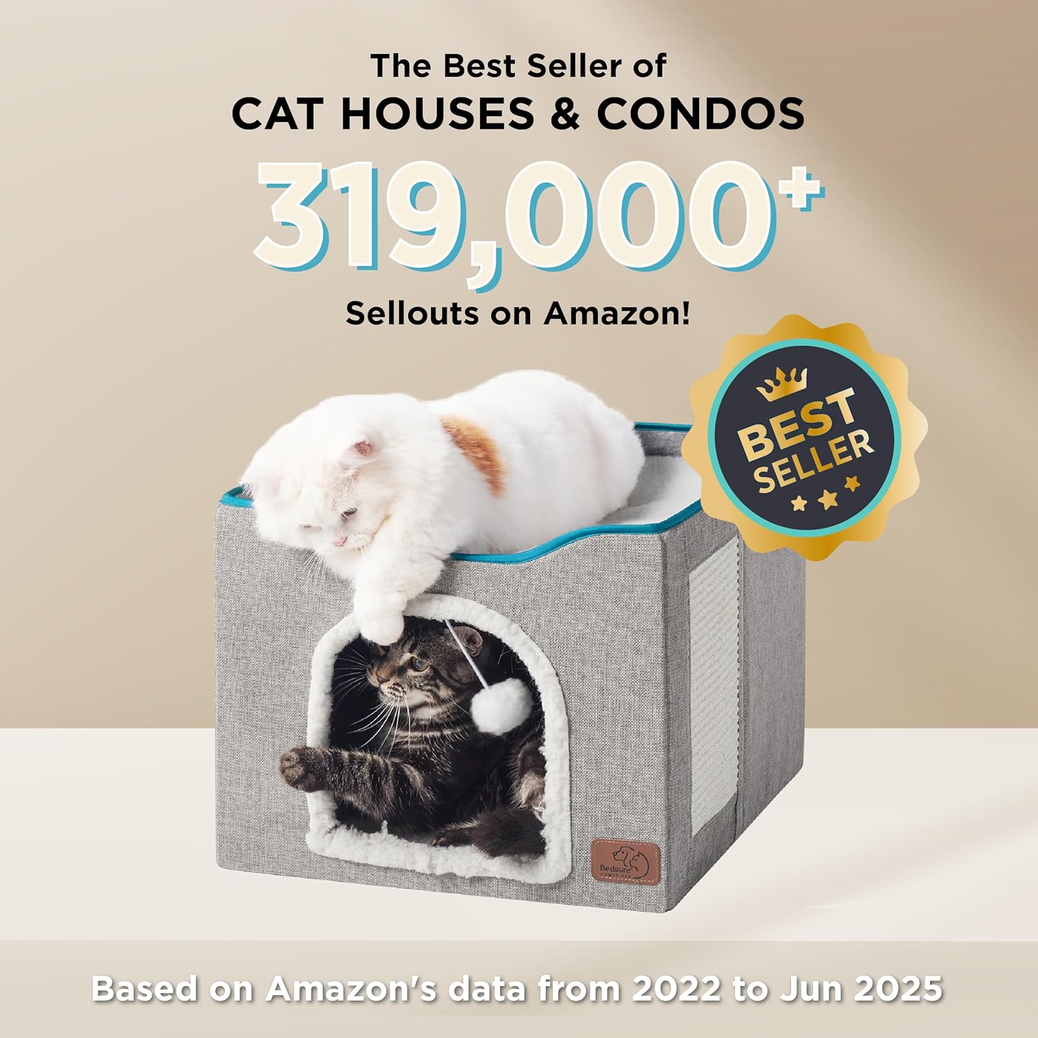 Bedsure Cat Beds for Indoor Cats - Large Cat Cave for Pet Cat House with Fluffy Ball Hanging and Scratch Pad, Foldable Cat Hideaway, 16.5x16.5x13 inches, Grey - Image 5