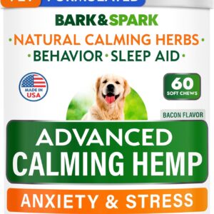 BARK&SPARK Advanced Calming Hemp Treats for Dogs - Hemp Oil + Melatonin - Anxiety Relief - Separation Aid - Stress Relief During Fireworks, Storms - Aggressive Behavior, Barking - 60Chews