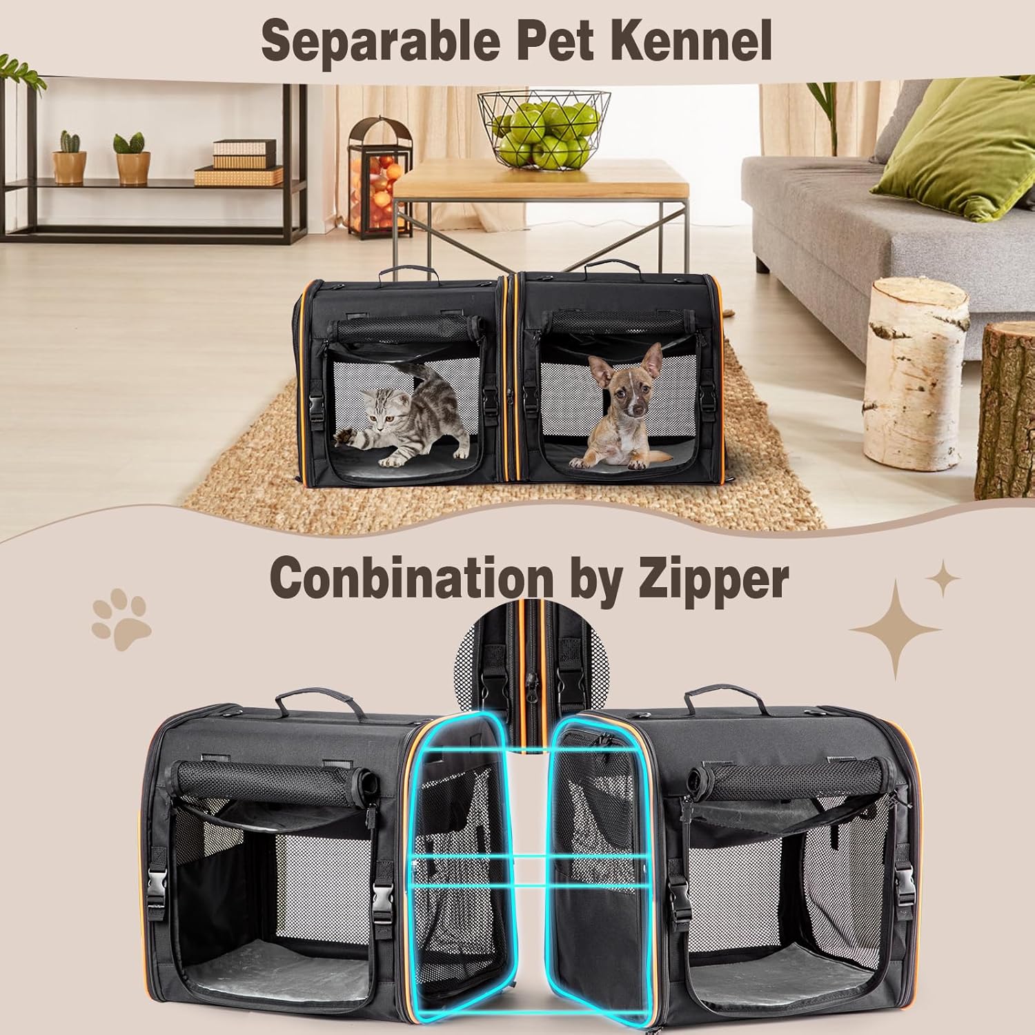 2-in-1 Cat, Dog Carrier for Pets up to 30 Lbs, Double Pet Carrier Car Travel Portable Twin Compartment Pet Kennel Dog Crate Set with Litter Box, Bowl for Outdoor Camping - Image 3