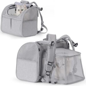 FUKUMARU Cat Backpack, Expandable Backpack for Small Dog with 4 Storage Pockets, Under 10 Lbs Soft Sided Dog Backpack Carrier for Travel Hiking Camping Outdoor, Grey