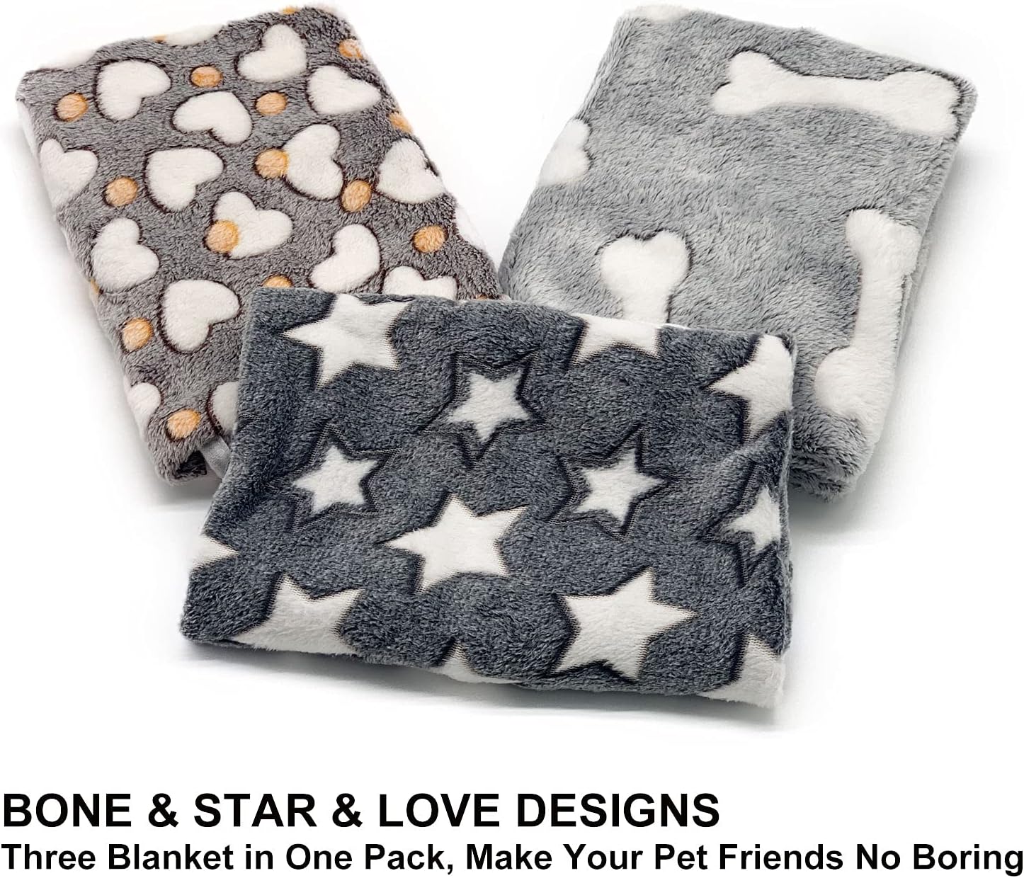 1 Pack 3 Puppy Blankets Super Soft Warm Sleep Mat Grey Cute Print Fluffy Fleece Pet Flannel Throw Dog Blankets for Small Dogs Cats,Star&Bone&Love- Small (23"x15") - Image 4
