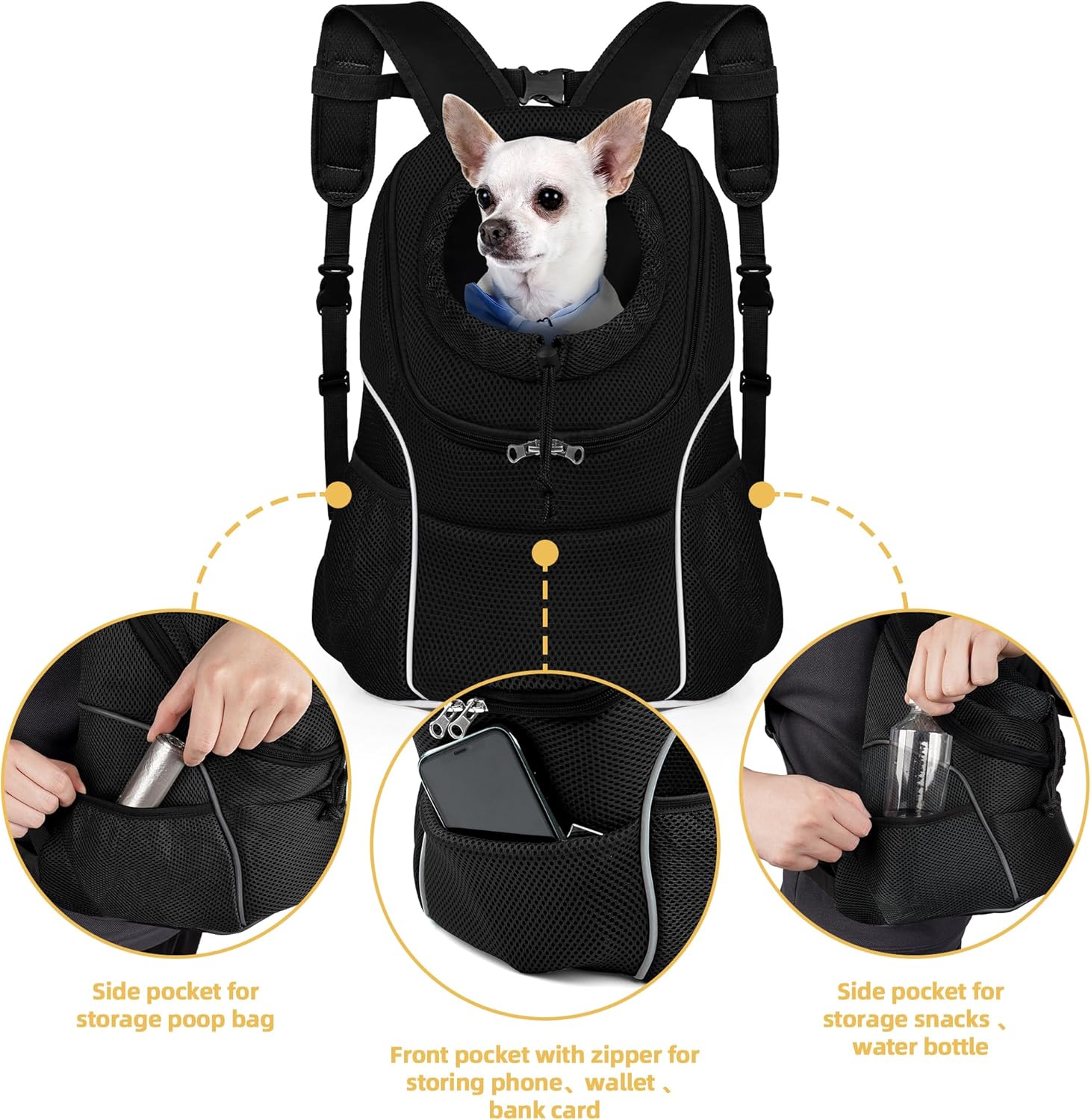 WOYYHO Pet Dog Carrier Backpack Small Dog Front Backpack Ventilated Dog Carrier Back Pack with Storage Pockets, Adjustable Straps & Safety Belt for Travel Hiking Outdoor (Sizes: 2-4.5 lbs, All Black) - Image 4