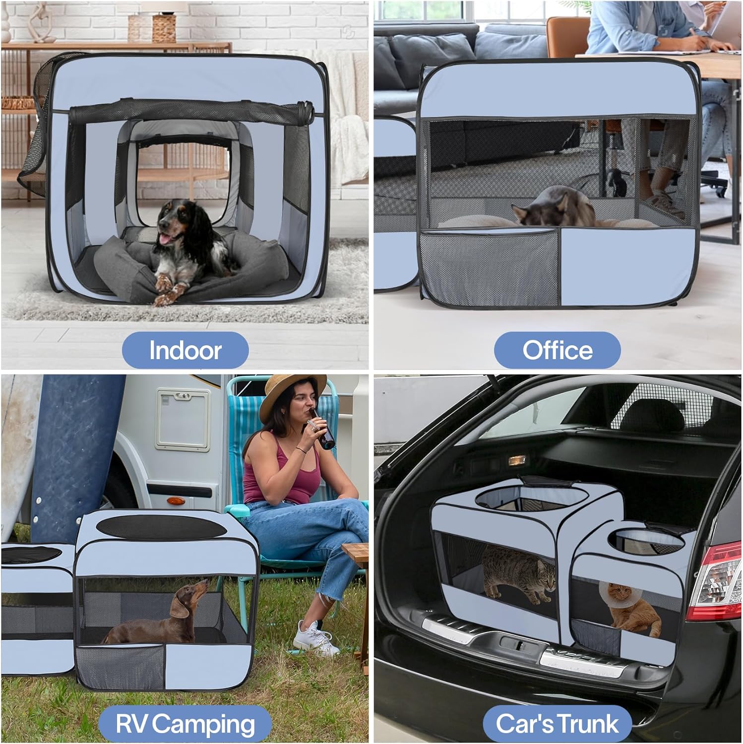 Pop up Portable Cat Playpen 2-in-1 Dog Playpen, No Assembly Need, Pet Cat Dog Tent Crates Kennel Cage, Cats Enclosure for Kitten and Puppy Indoor Outdoor Use(No Divider, Unified Space) - Image 4