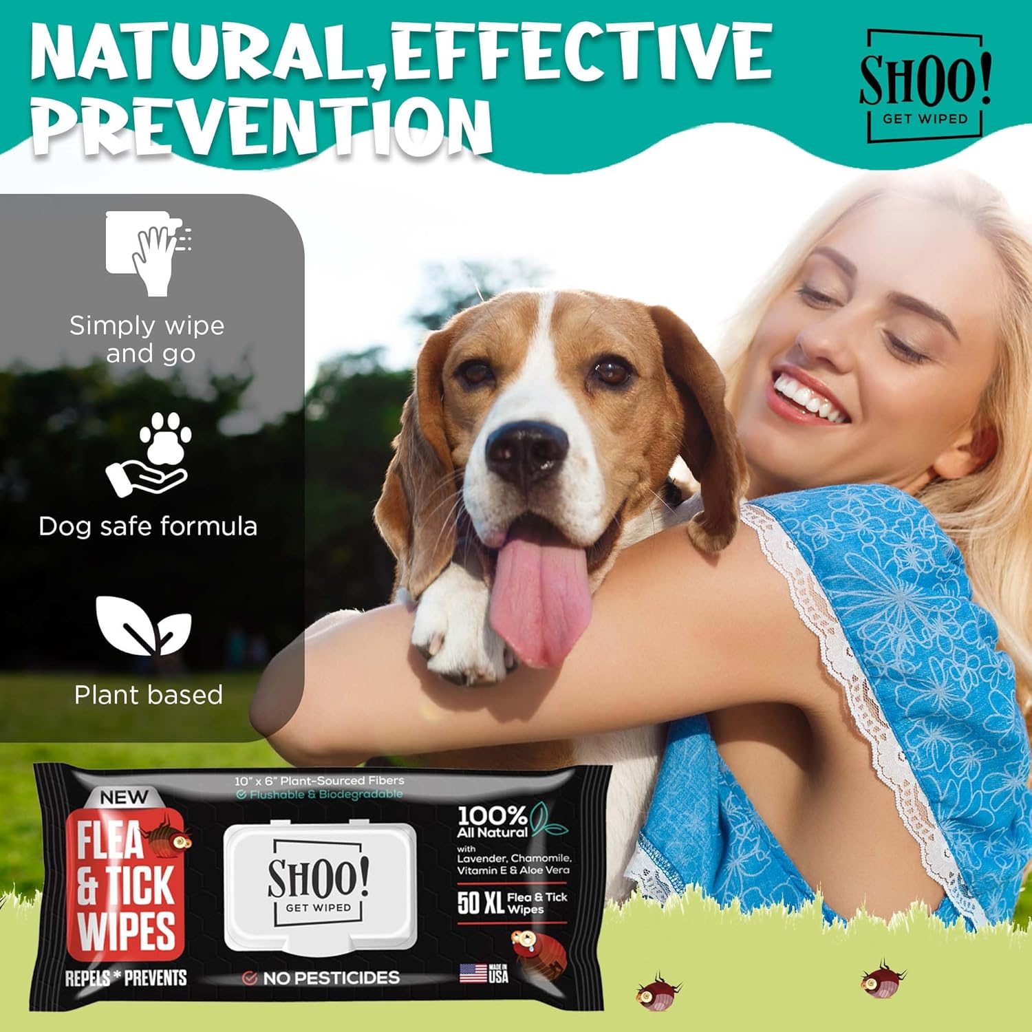 Shoo! Flea & Tick Wipes for Dogs | Convenient, Easy On-The-Go Protection | Plant Based, Natural Oils, Chemical Free | Repels & Prevents | 50 XL Wipes (2 Pack) | Original -Lavender - Image 4