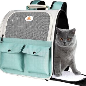 Top tasta Cat Backpack Carrier, Airline Approved, Ventilated Design, Breathable Mesh for Small Cats and Dogs for Hiking and Camping, Carry Up to 15 Pounds (Light Blue)
