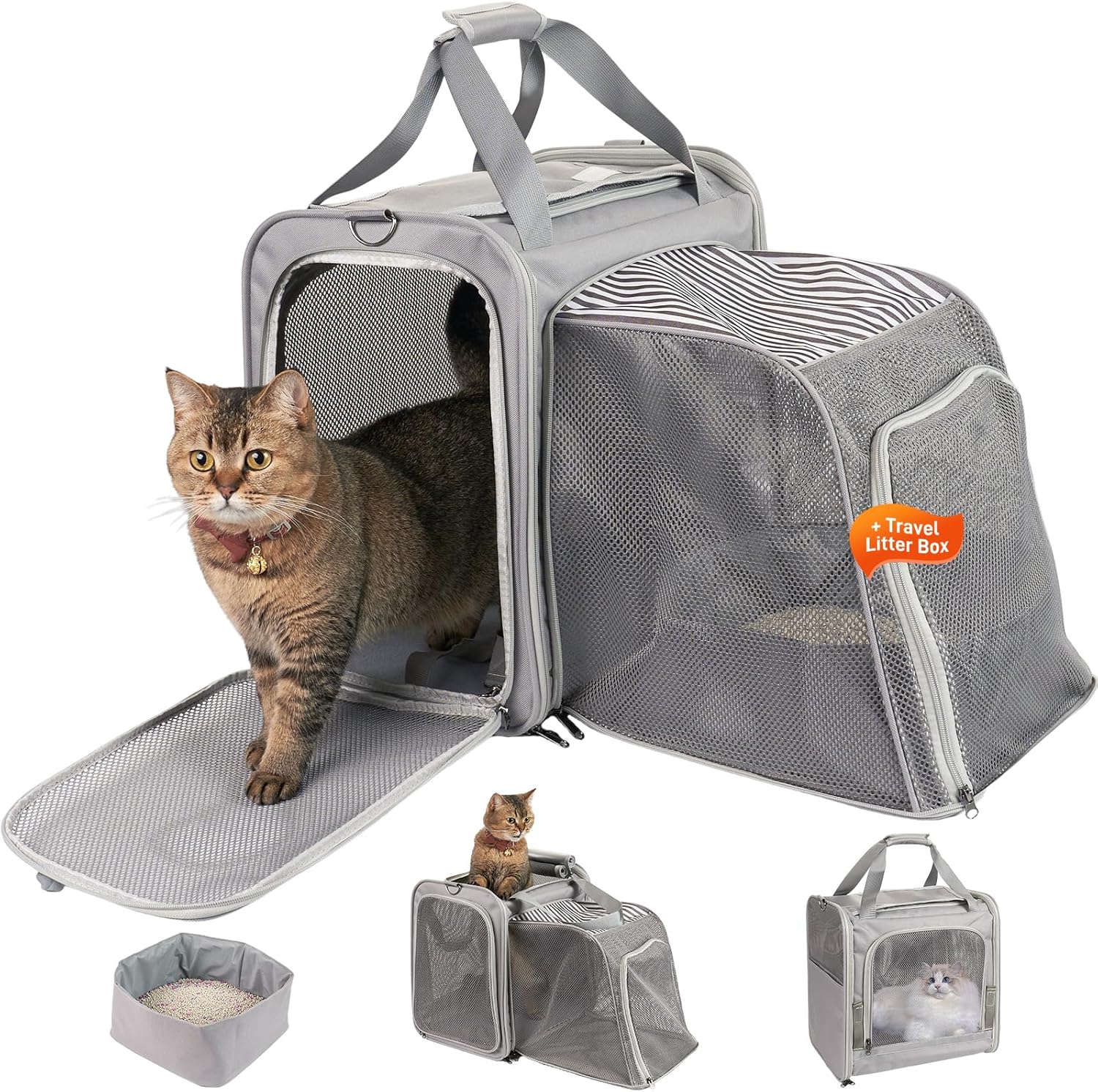 Cat Carrier with Litter Box, Expandable Cat Travel Carrier for Car, Soft Sided Cat Carrier for Cats/Puppies up to 25 lbs, Grey