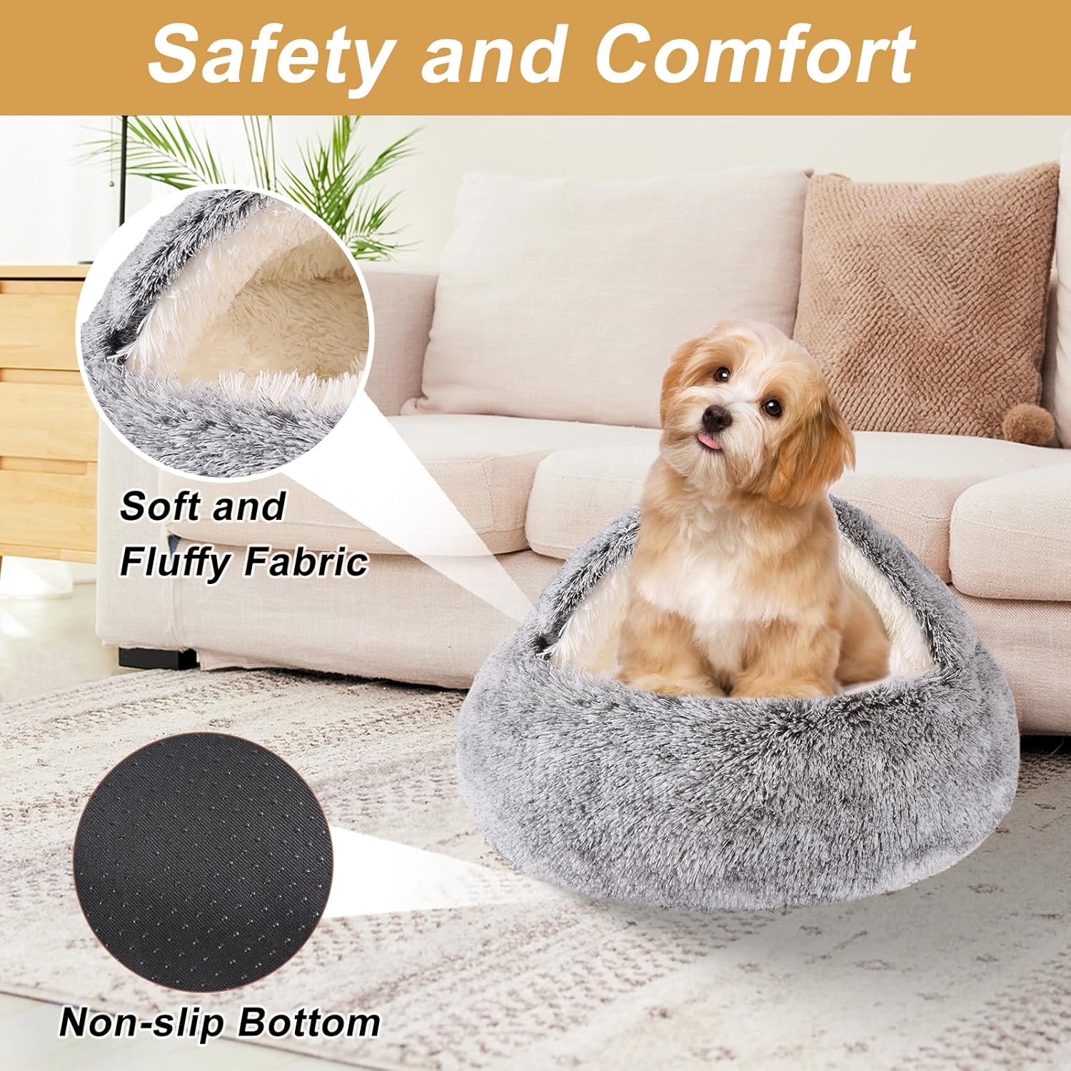 Hooded Dog Bed for Small Dogs, Nest Dog Beds, Washable Cute Cat Cave Bed, Cozy Nook Pet Bed for Dogs or Cats, Anti-Slip Puppy Bed Fits up to 22 lbs Pets(Grey, 20" x 20") - Image 4