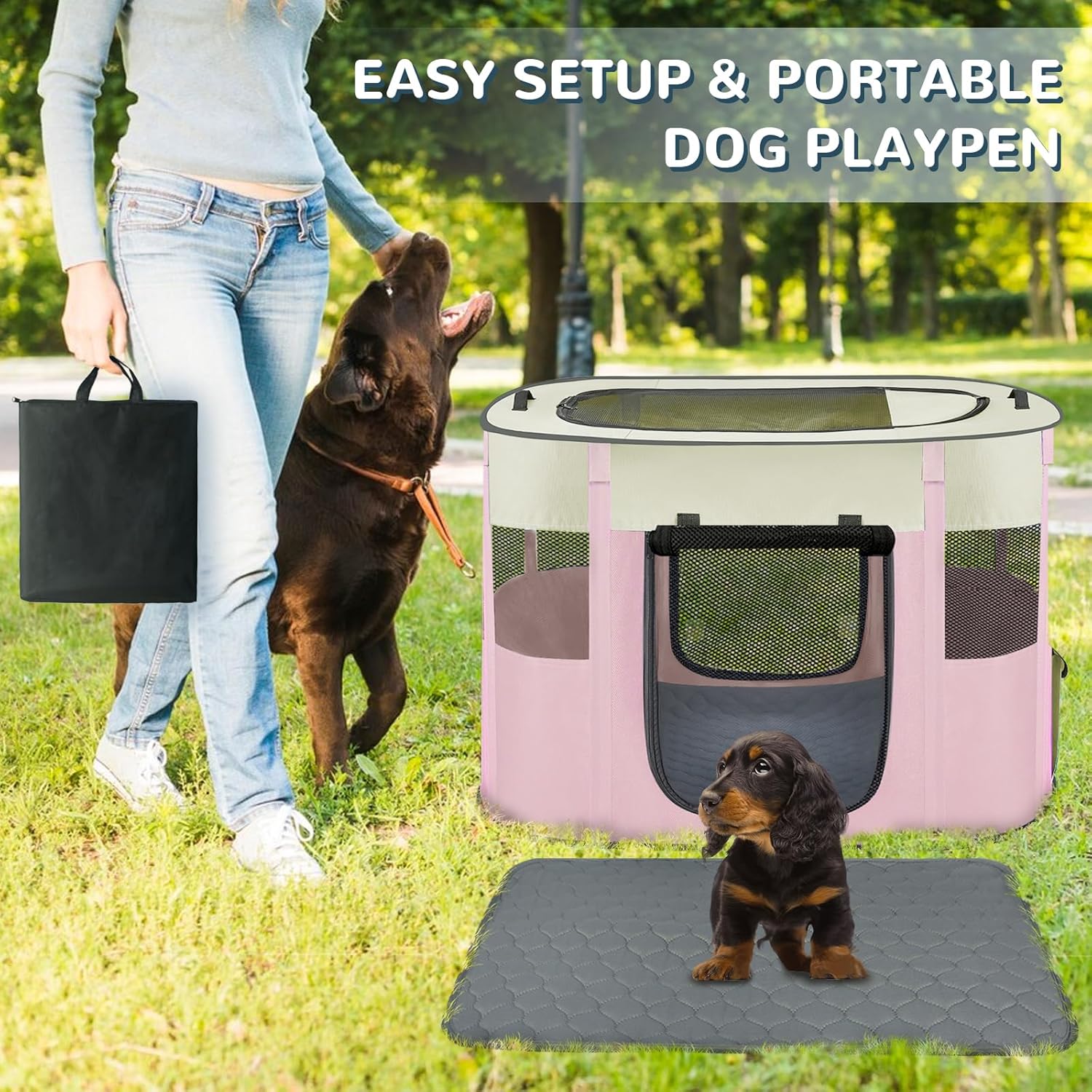 Portable Dog Playpen,Foldable Dog Cat Kennel Tent Cage,Dog Cat Rabbit Crates for Travel Water-Resistant Breathable Shade Cover,Indoor Outdoor Travel Camping Use for Small Puppy Pet Pink L - Image 6
