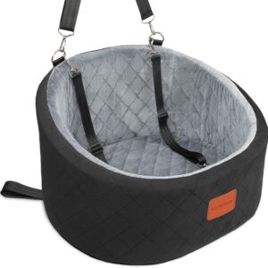 Dog Car Seat Up to 30 lb Dogs, 2 Adjustable Safety Dog Leashes, Pet Washable Travel Car Seat with Non-Slip Bottom, Easy to Install and Removable, Covered with Soft Fabric(Black/Grey, Small)