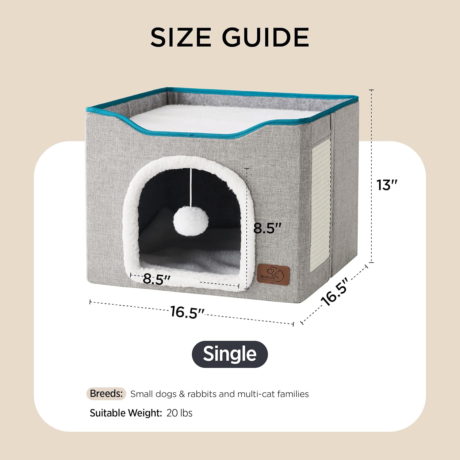 Bedsure Cat Beds for Indoor Cats - Large Cat Cave for Pet Cat House with Fluffy Ball Hanging and Scratch Pad, Foldable Cat Hideaway, 16.5x16.5x13 inches, Grey - Image 6