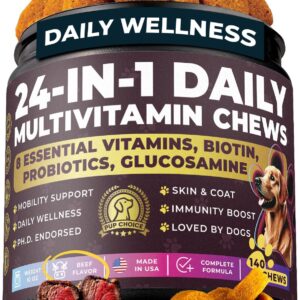 24-in-1 Complete Multivitamin Treats for Dogs – PhD Endorsed 8 Vitamins, Biotin, Probiotics, Glucosamine – Daily Wellness, Immunity, Skin & Coat, Mobility 140 Treats – Beef Flavor – Made in USA