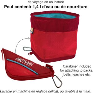 Kurgo Zippy Bowl for Dogs, Collapsible Travel Dog Bowls, Pet Food & Water Hiking Container, Food Grade Silicone, Travel Accessories for Pets, Includes Carabiner, Holds 48 oz (Barn Red)