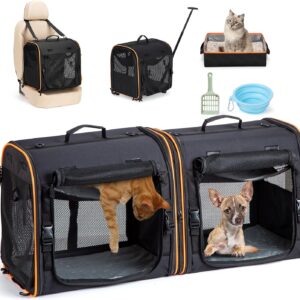 2-in-1 Cat, Dog Carrier for Pets up to 30 Lbs, Double Pet Carrier Car Travel Portable Twin Compartment Pet Kennel Dog Crate Set with Litter Box, Bowl for Outdoor Camping