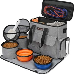 Modoker Dog Travel Bag, Weekend Pet Travel Set for Dog and Cat, Airline Approved Tote Organizer with Multi-Function Pockets, 2 Food Storage Containers, 2 Collapsible Bowls, 1 Feeding Mat (Grey)